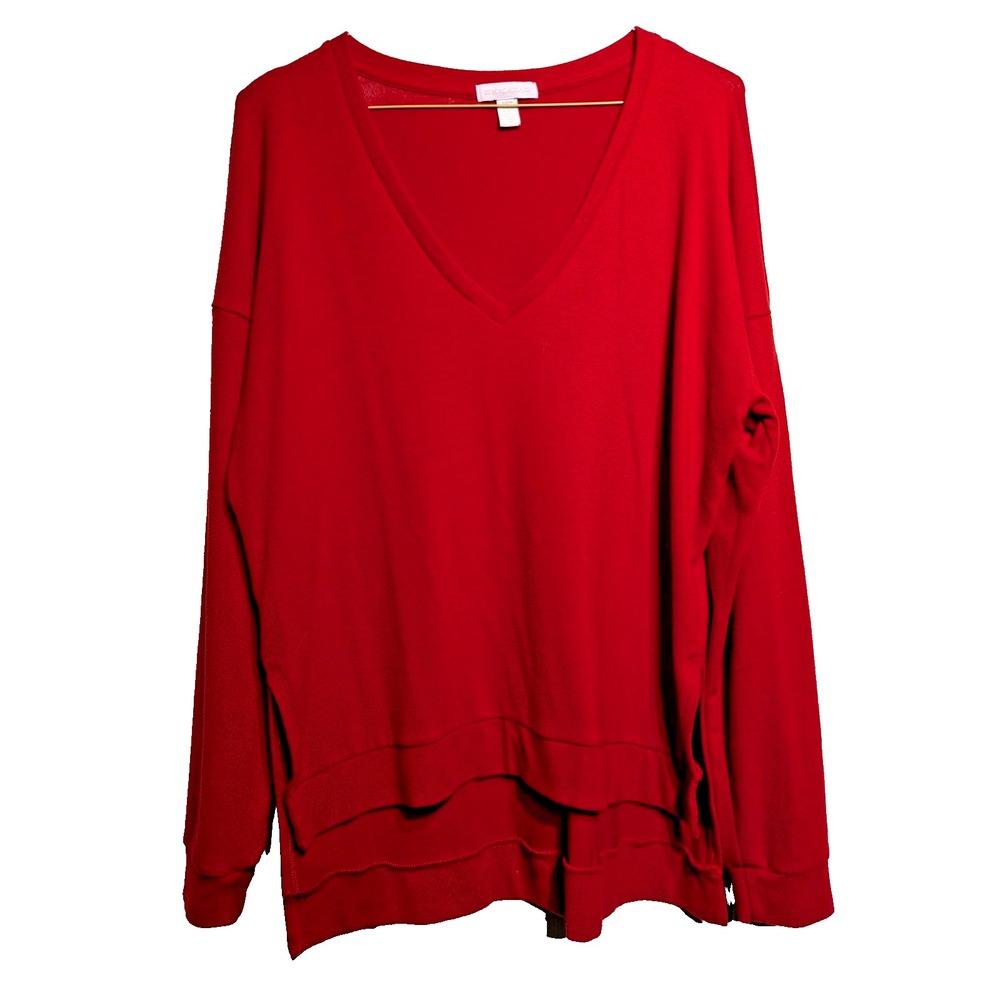 Beyond‎ Yoga Sweater Womens S/P Red V Neck Cozy Fleece Hi Low Hem Made USA